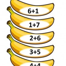 Banana Themed Math Problems: 6+1, 1+7, 2+6, 3+5, 4+4