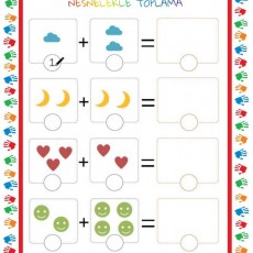 Nesnelerle Toplama Eğitimi: 1 Bulut + 2 Bulut = 3 Bulut, 2 Ay + 2 Ay = 4 Ay, 2 Kalp + 2 Kalp = 4 Kalp, 2 Gülümseme + 4 Gülümseme = 6 Gülümseme