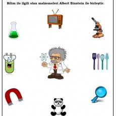 Bilim Araçları ve Kavramları: Albert Einstein İle Bilimsel Malzemeler (Mikroskop, Beher, TV, Lupa, Mıknatıs, Bilim Adamı, Panda, Aletler)
