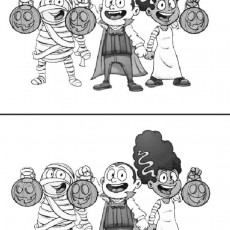 Çocuklar, Cadılar Bayramı Kostümleri ile: Mumya, Vampir, Hayalet Kız ve Komik Jack-o'-lantern'ler