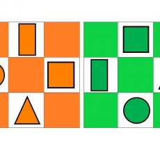 Geometric Shapes and Colors Learning Material: 2 Green Triangles (2), 1 Green Square (1), 1 Green Circle (1), 2 Orange Squares (2), 1 Orange Triangle (1), 1 Orange Circle (1)